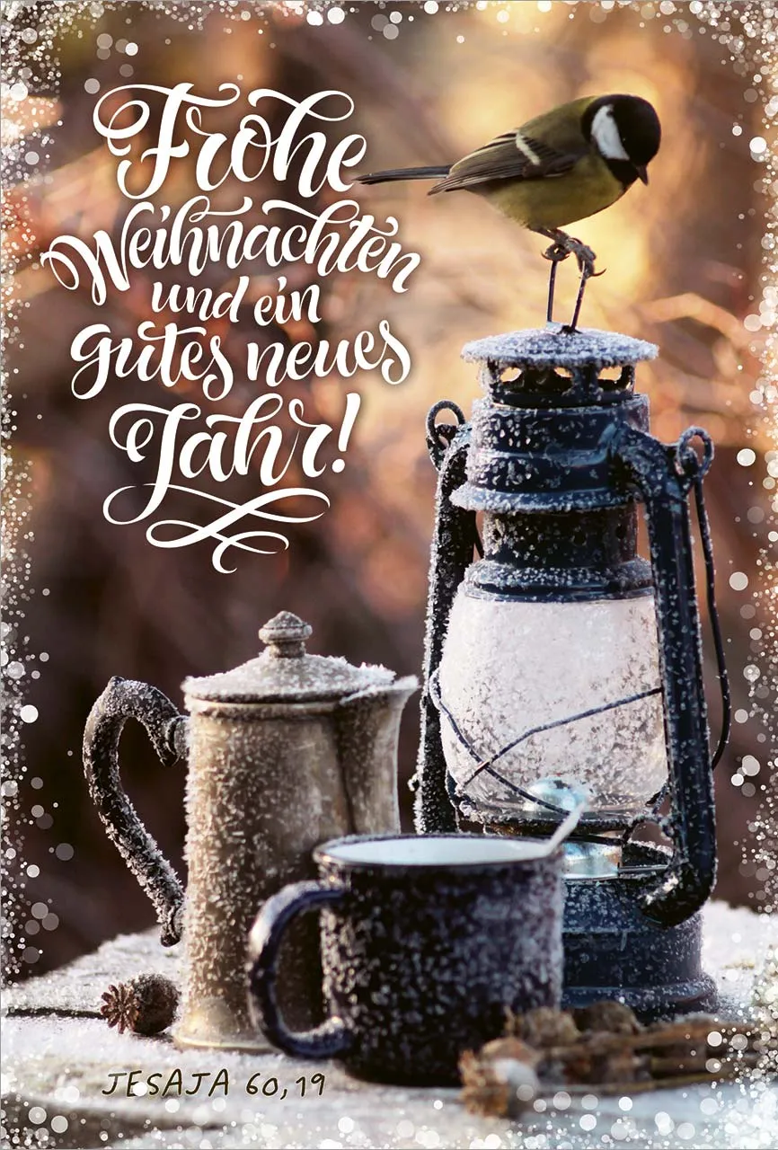 Postkarte Weihnachten Meise auf Windlicht