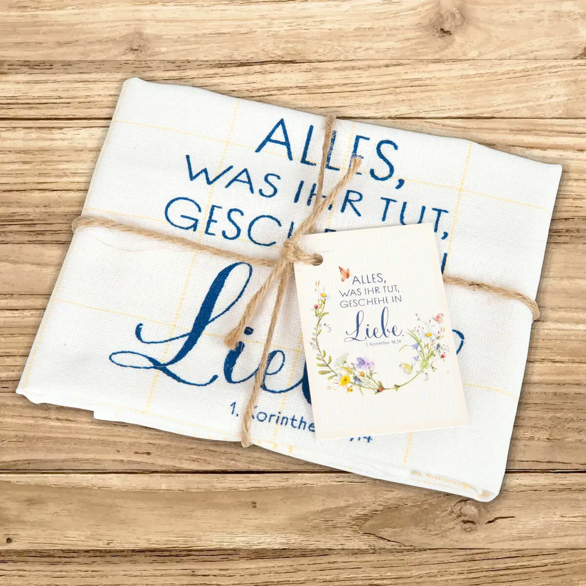 Geschirrtuch Motiv 'Alles, was ihr tut, geschehe in Liebe' - gelb