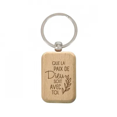 Porte-clés en bois gravé « Que la paix de Dieu soit avec toi » - 3x4.5cm