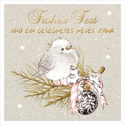 Doppelkarte Weihnachten Vogel auf Zweig ENC - Lukas 2,10.11