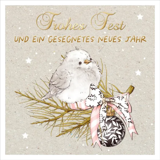 Doppelkarte Weihnachten Vogel auf Zweig ENC - Lukas 2,10.11