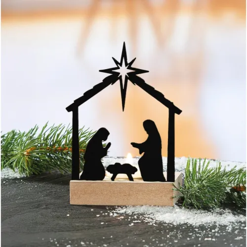 Photophore Crèche en bois - et métal noir