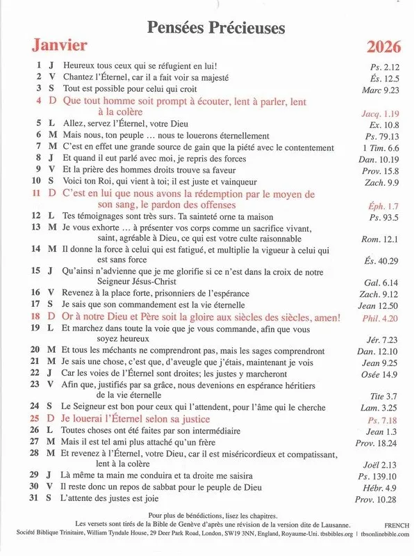 Pensées précieuses - calendrier 1 verset par jour, une page par mois