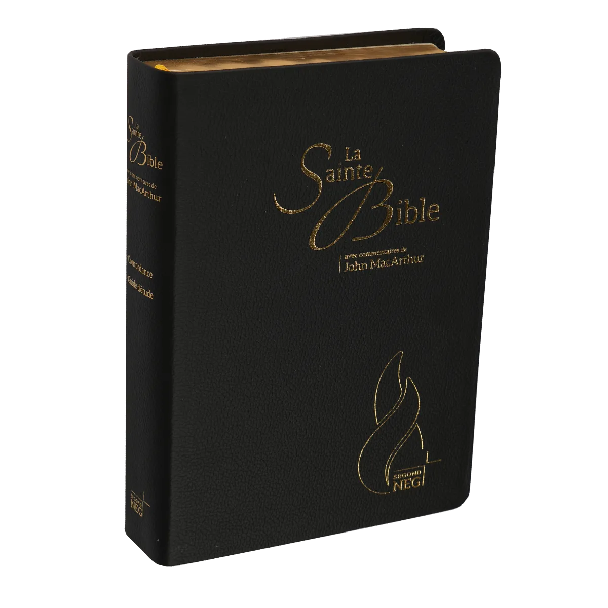 Bible d'étude Segond NEG MacArthur, noire - couverture souple, cuir véritable, tranche or, avec...