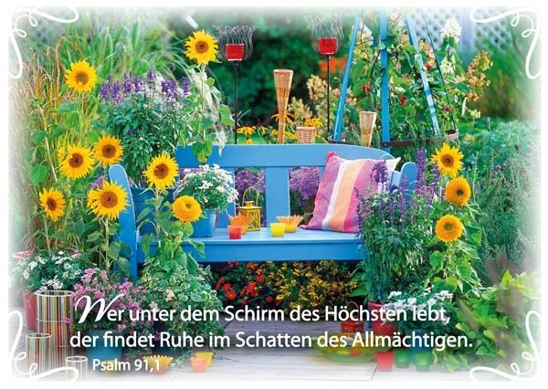 PK BLAUE BANK IM GARTEN, 12 STÜCK - POSTKARTE