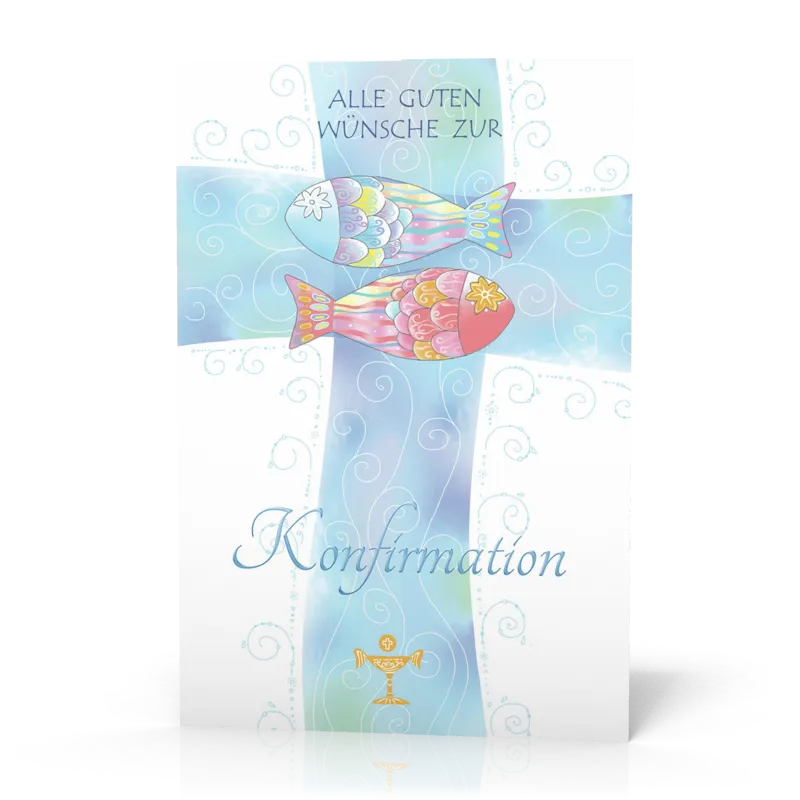 Doppelkarte Konfirmation Blaues Kreuz Fische PG5