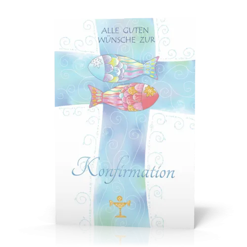 Doppelkarte Konfirmation Blaues Kreuz Fische PG5