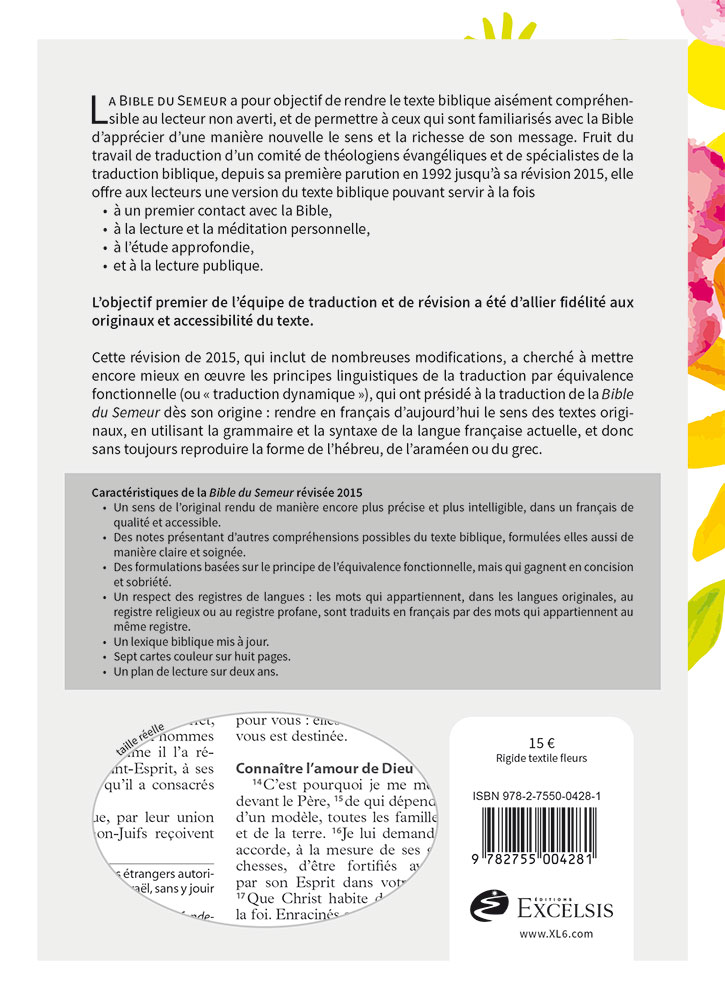 Bible Semeur 2015, compacte, couverture textile rigide, fleurs - tranche blanche