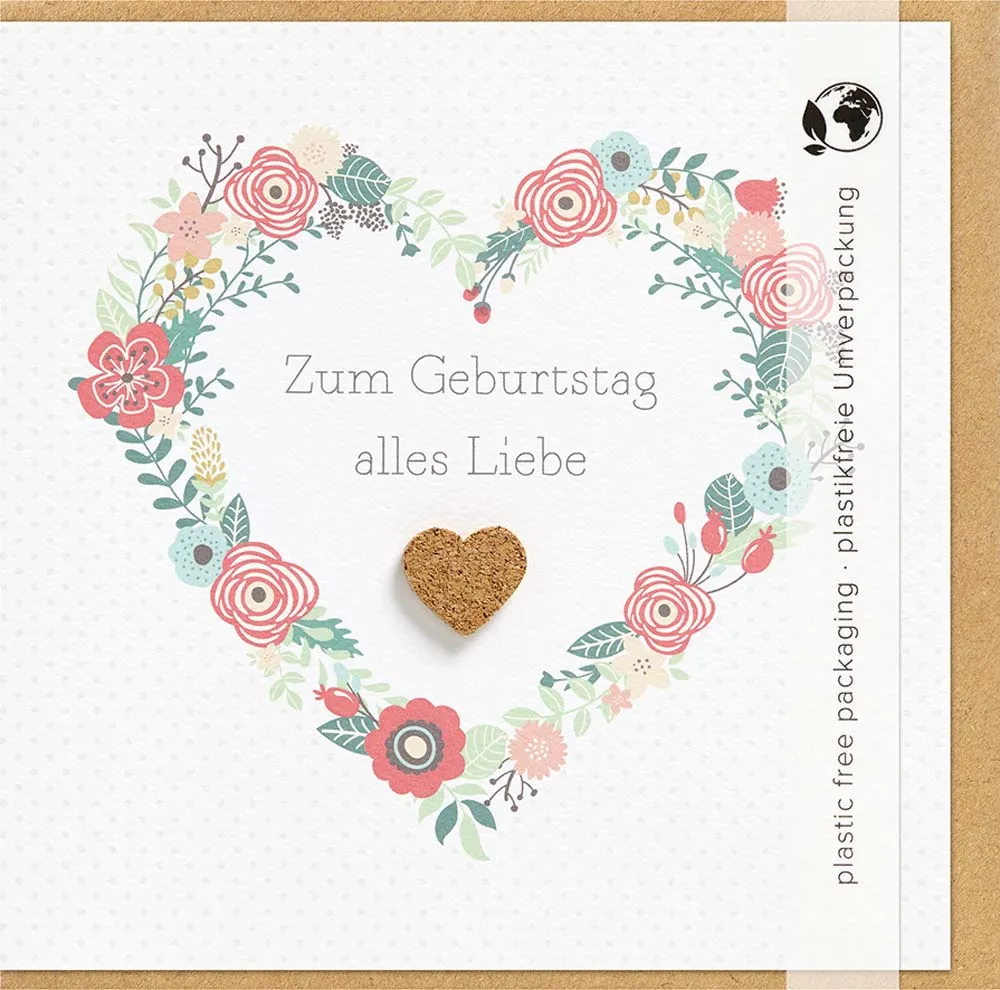 Doppelkarte Herz in Blütenherz mit Kork-Applikation