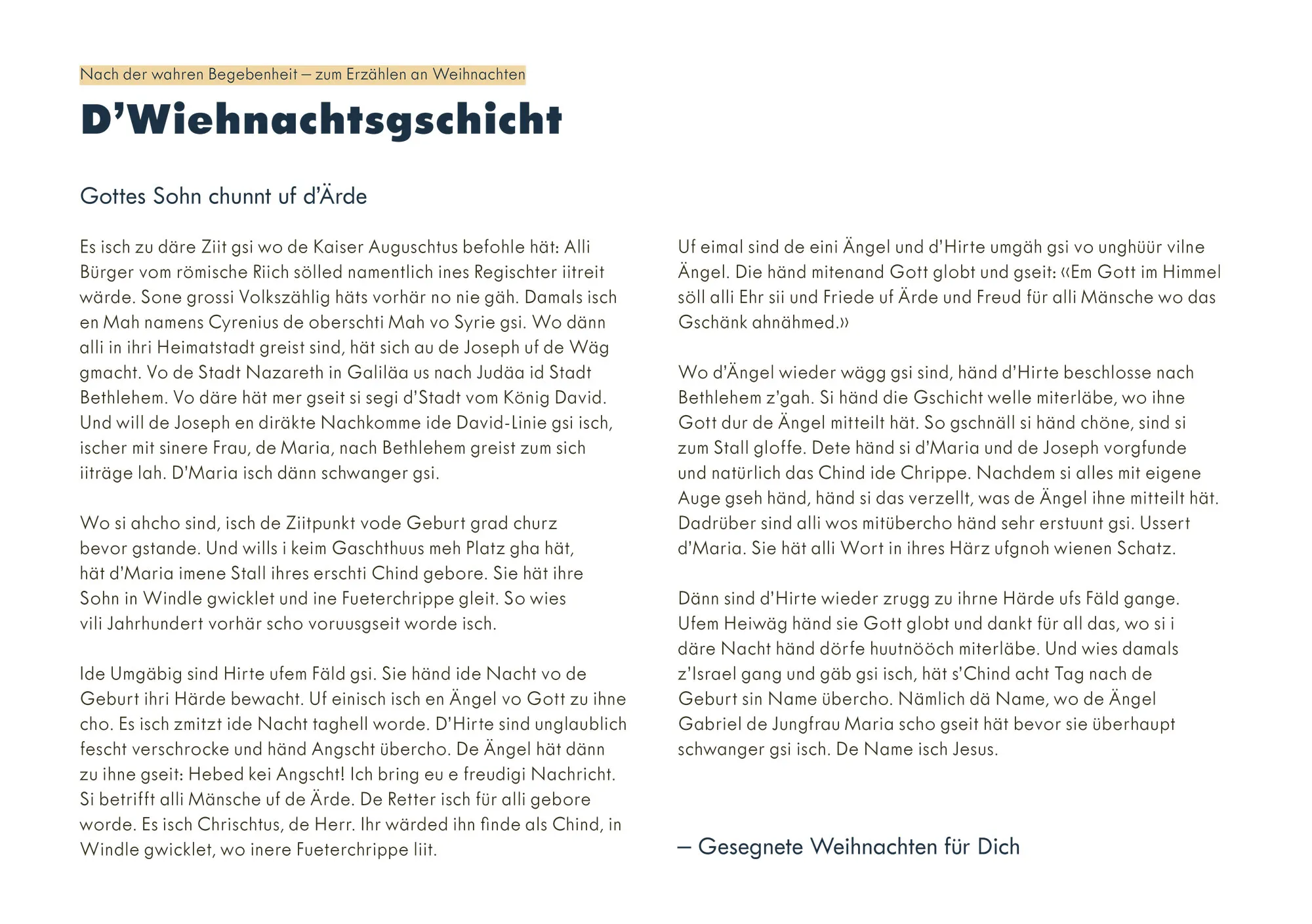 «D'Wiehnachtsgschicht für Dich» Faltkarte mit der Weihnachtsgeschichte in Mundart - Format A5 mit...